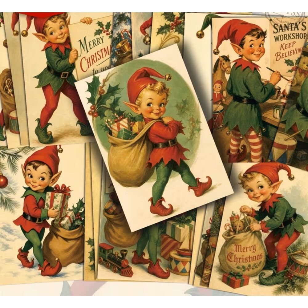 21 Pack Vintage Style Christmas Elf Postcards 4x6 Retro Junk Journal Scrapbook
